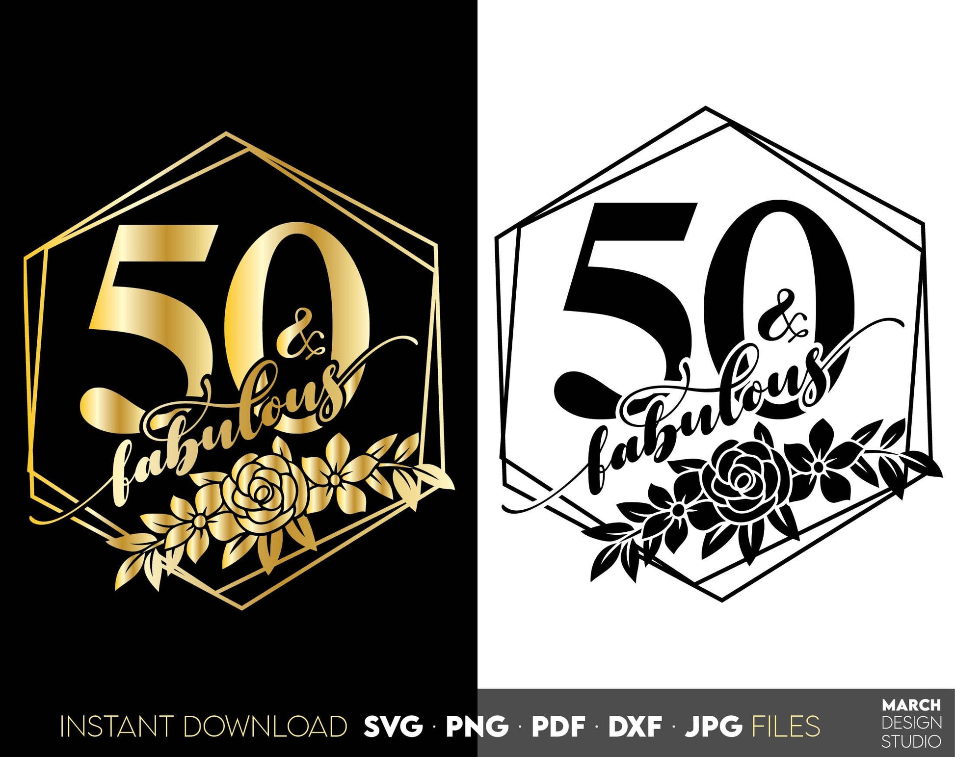 50 and fabulous birthday shirt design with floral frame. SVG, PNG, PDF, DXF, JPG files included. Cut from vinyl, use for sublimation or laser cut projects. Compatible with Cricut, Silhouette or other equipment! Buy now for a good price and enjoy!