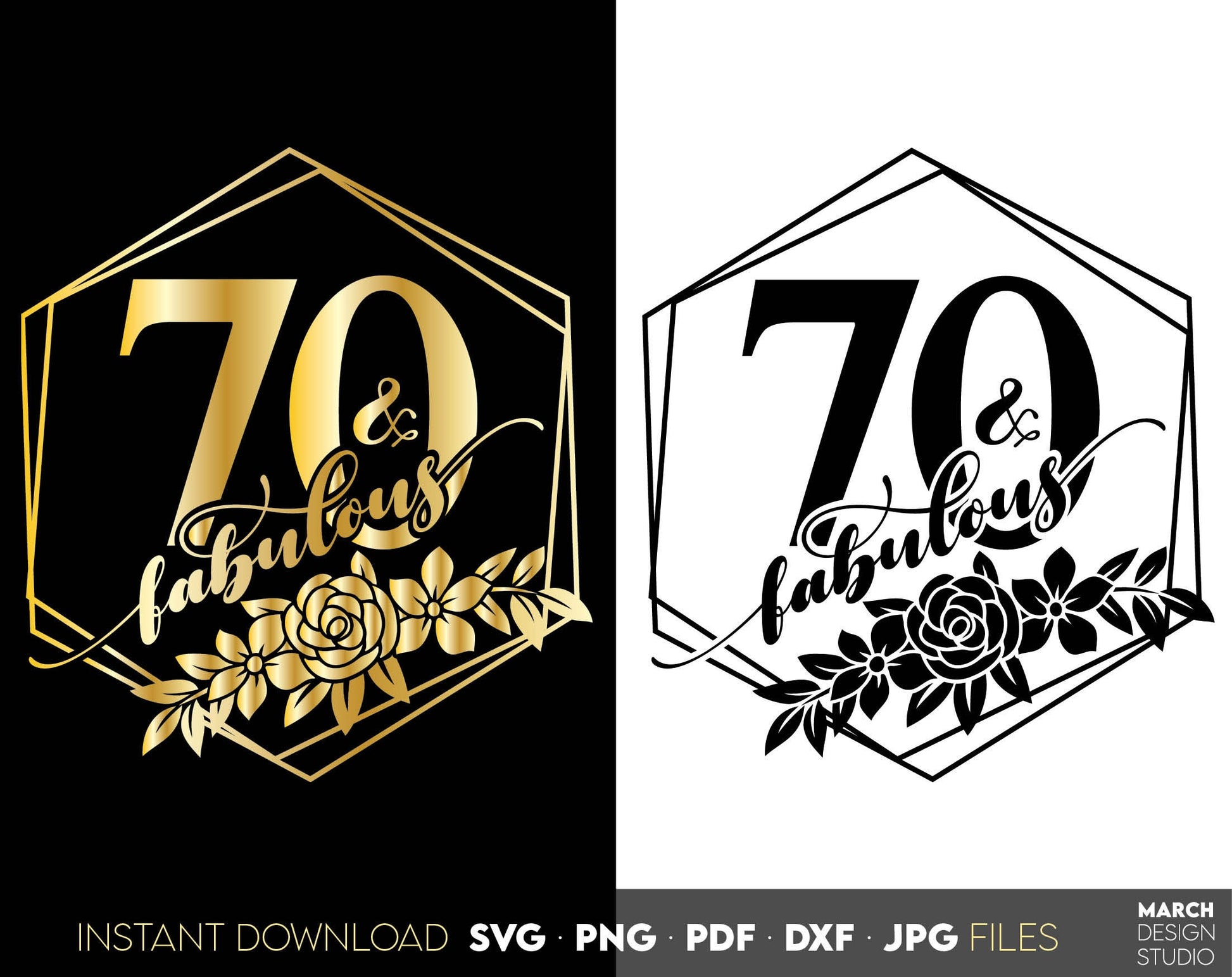 70 and fabulous birthday shirt design with floral frame. SVG, PNG, PDF, DXF, JPG files included. Cut from vinyl, use for sublimation or laser cut projects. Compatible with Cricut, Silhouette or other equipment! Buy now for a good price and enjoy!