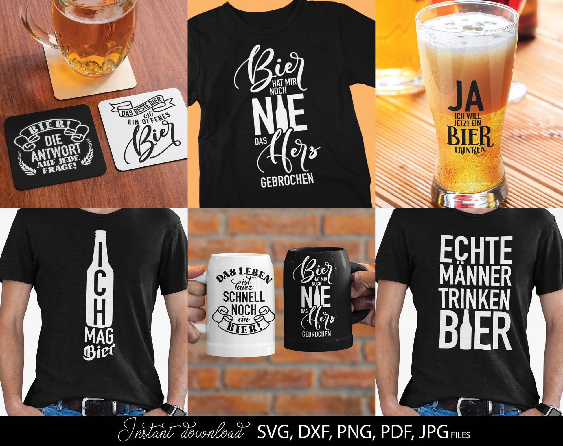 13 German bier lover quotes plotter file bundle. SVG, DXF, PDF, PNG, JPG files included. Cut from vinyl, use for sublimation or laser cut / grave projects. Compatible with Cricut, Silhouette or other equipment. Buy now for a good price and enjoy!