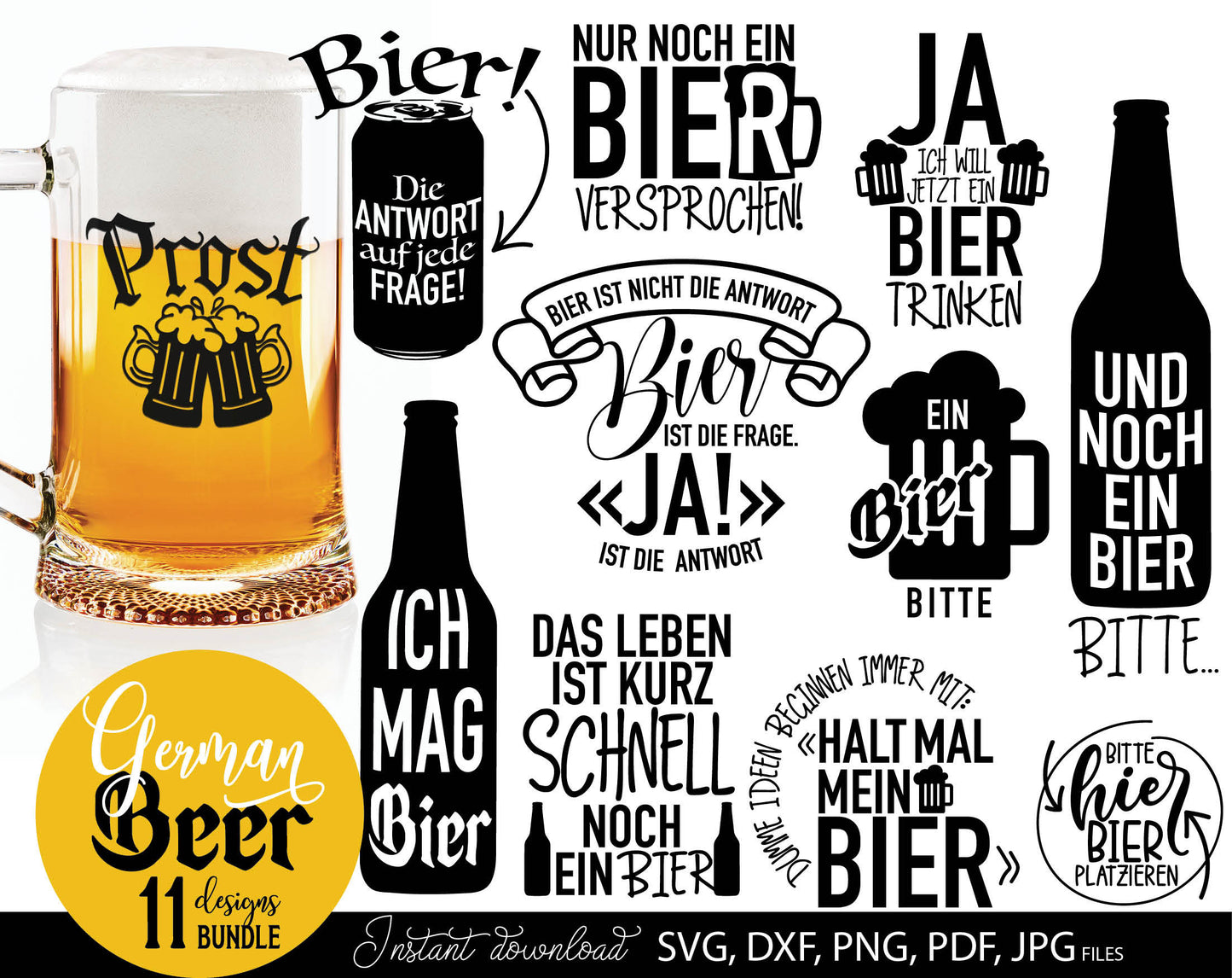 11 German beer lover quotes plotter file bundle. SVG, DXF, PDF, PNG, JPG files included. Cut from vinyl, use for sublimation or laser cut / grave projects. Compatible with Cricut, Silhouette or other equipment. Buy now for a good price and enjoy!