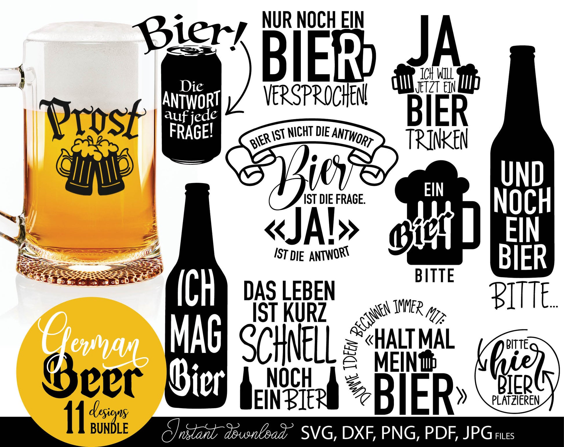 11 German beer lover quotes plotter file bundle. SVG, DXF, PDF, PNG, JPG files included. Cut from vinyl, use for sublimation or laser cut / grave projects. Compatible with Cricut, Silhouette or other equipment. Buy now for a good price and enjoy!