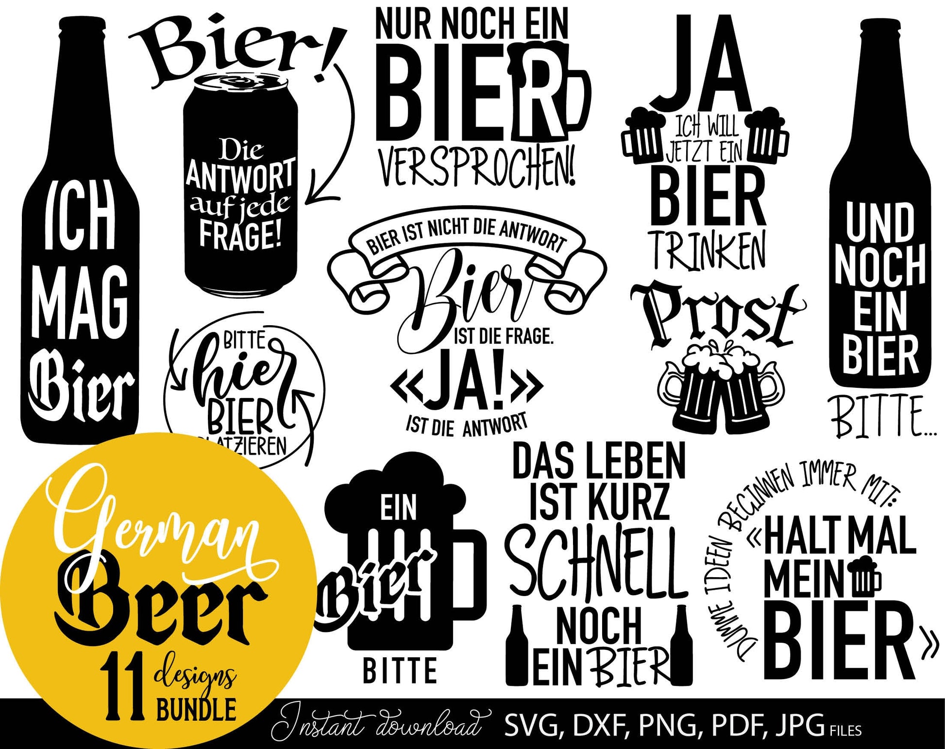 11 German beer lover quotes plotter file bundle. SVG, DXF, PDF, PNG, JPG files included. Cut from vinyl, use for sublimation or laser cut / grave projects. Compatible with Cricut, Silhouette or other equipment. Buy now for a good price and enjoy!