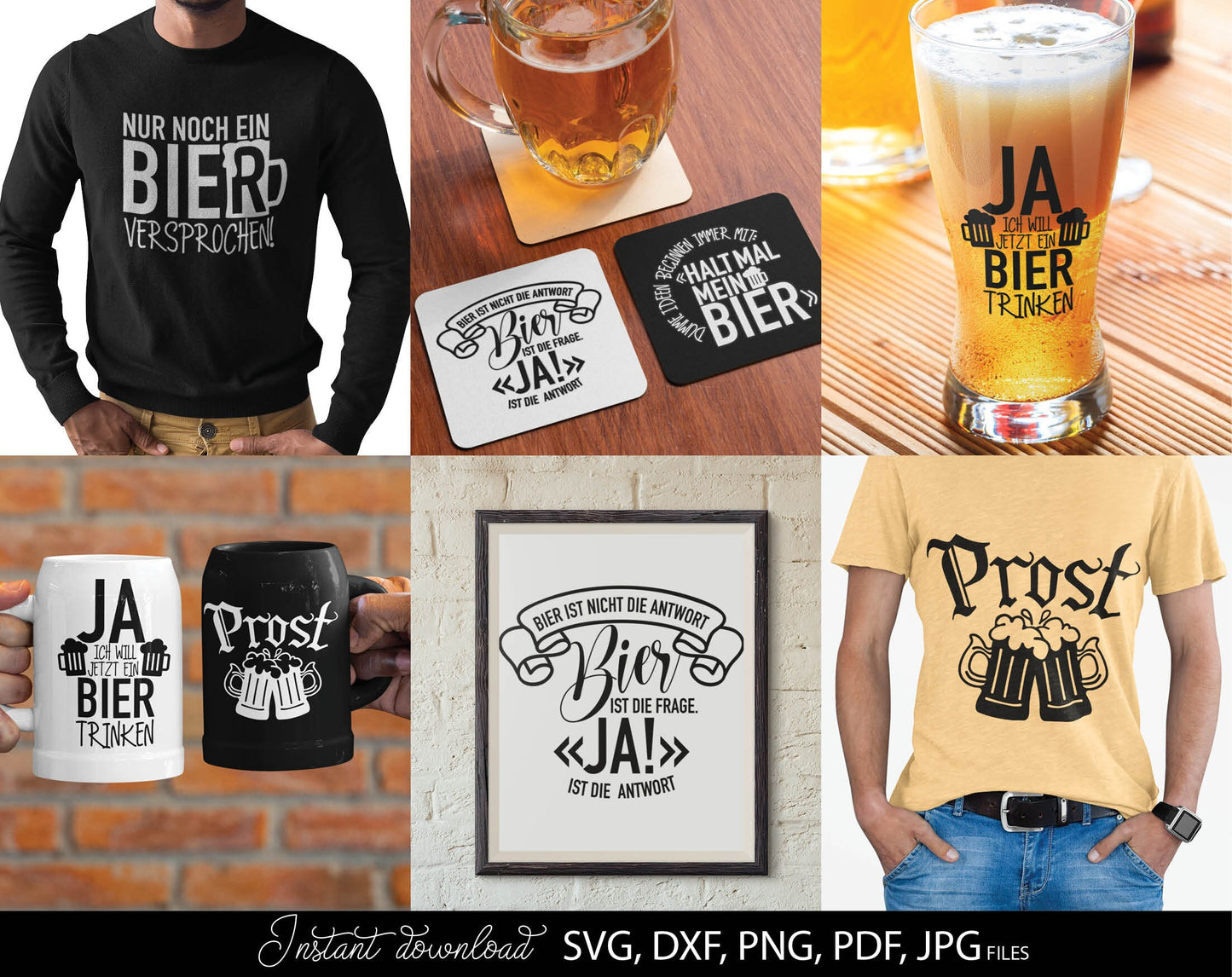 11 German beer lover quotes plotter file bundle. SVG, DXF, PDF, PNG, JPG files included. Cut from vinyl, use for sublimation or laser cut / grave projects. Compatible with Cricut, Silhouette or other equipment. Buy now for a good price and enjoy!