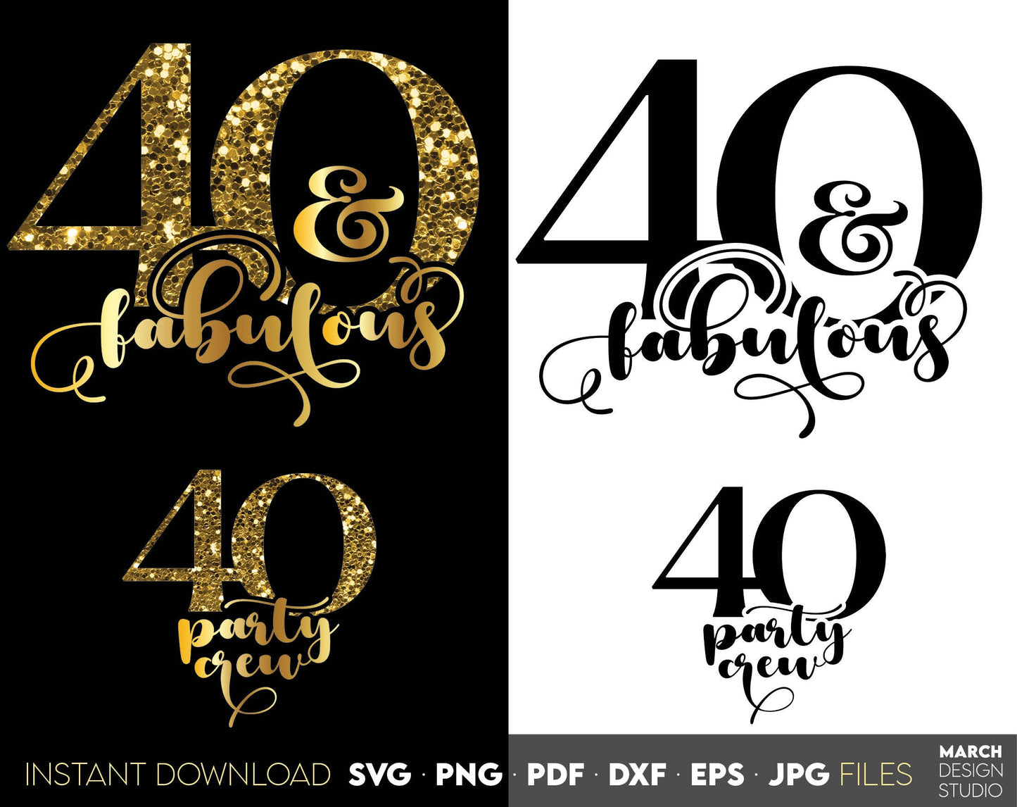 Set of 40 and fabulous Birthday and party crew shirt designs for cutting from vinyl and glittered PNG included for Your sublimation projects. SVG, PDF, JPG, EPS, DXF files included as well. Compatible with Cricut, Silhouette and other machines.