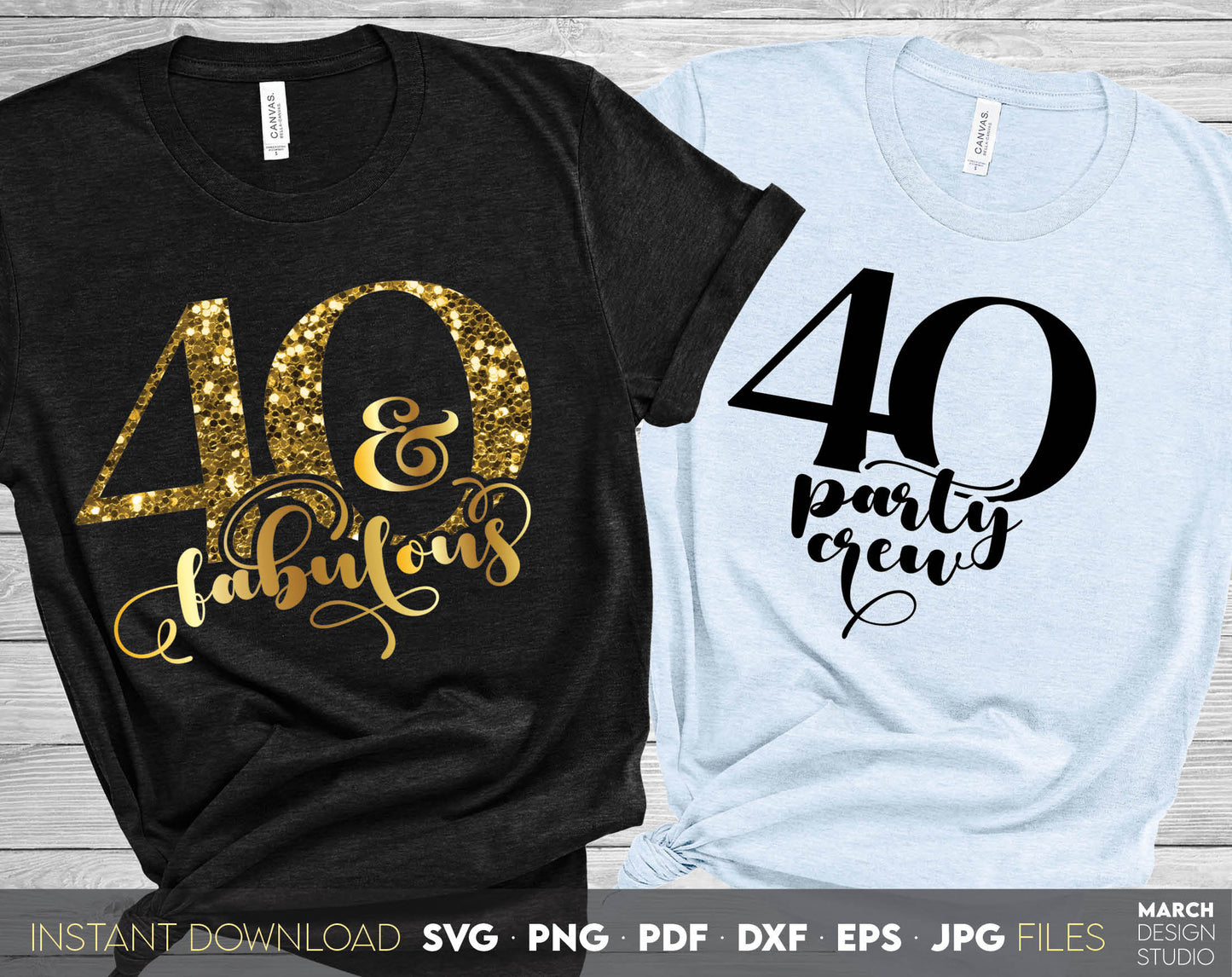 Set of 40 and fabulous Birthday and party crew shirt designs for cutting from vinyl and glittered PNG included for Your sublimation projects. SVG, PDF, JPG, EPS, DXF files included as well. Compatible with Cricut, Silhouette and other machines.