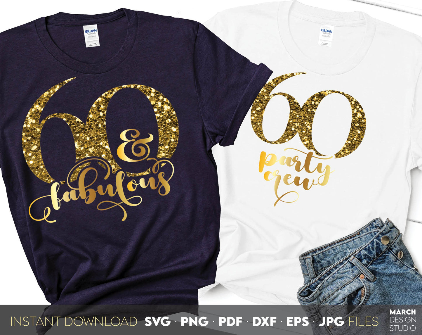 Set of 60 and fabulous Birthday and party crew shirt designs for cutting from vinyl and glittered PNG included for Your sublimation projects. SVG, PDF, JPG, EPS, DXF files included as well. Compatible with Cricut, Silhouette and other machines.