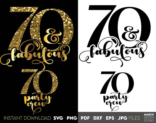 Set of 70 and fabulous Birthday and party crew shirt designs for cutting from vinyl and glittered PNG included for Your sublimation projects. SVG, PDF, JPG, EPS, DXF files included as well. Compatible with Cricut, Silhouette and other machines.