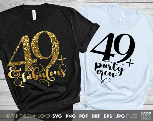 Set of 49+ and fabulous Birthday and party crew shirt designs for cutting from vinyl and glittered PNG included for Your sublimation projects. SVG, PDF, JPG, EPS, DXF files included as well. Compatible with Cricut, Silhouette and other machines.