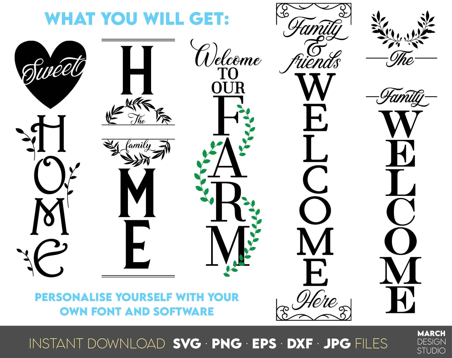 Front porch welcome signs bundle for Your home ornaments. SVG PNG JPG EPS DXF files included. Compatible with Cricut, Silhouette or other equipment. Cut from vinyl, use for sublimation or laser cut projects. Buy now for a good price and enjoy!