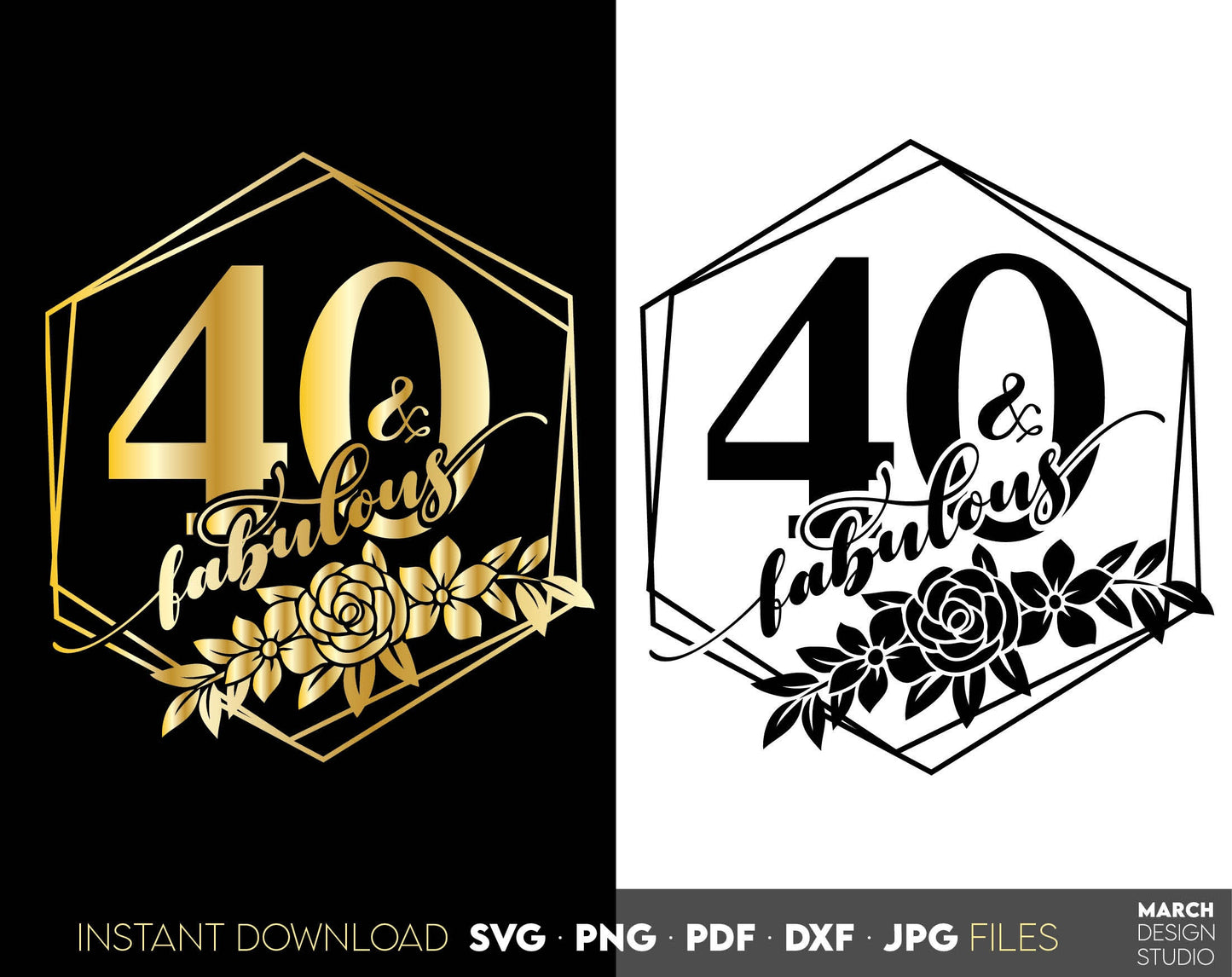 40 and fabulous birthday shirt design with floral frame. SVG, PNG, PDF, DXF, JPG files included. Cut from vinyl, use for sublimation or laser cut projects. Compatible with Cricut, Silhouette or other equipment! Buy now for a good price and enjoy!