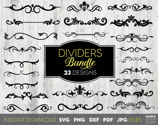 Decorative dividers lines bundle for your wedding, cards, home decorations etc. projects. SVG, PNG, DXF, PDF, JPG files included. Cut from vinyl, use for sublimation or laser cut projects. Compatible with Cricut, Silhouette and other machines. Enjoy!