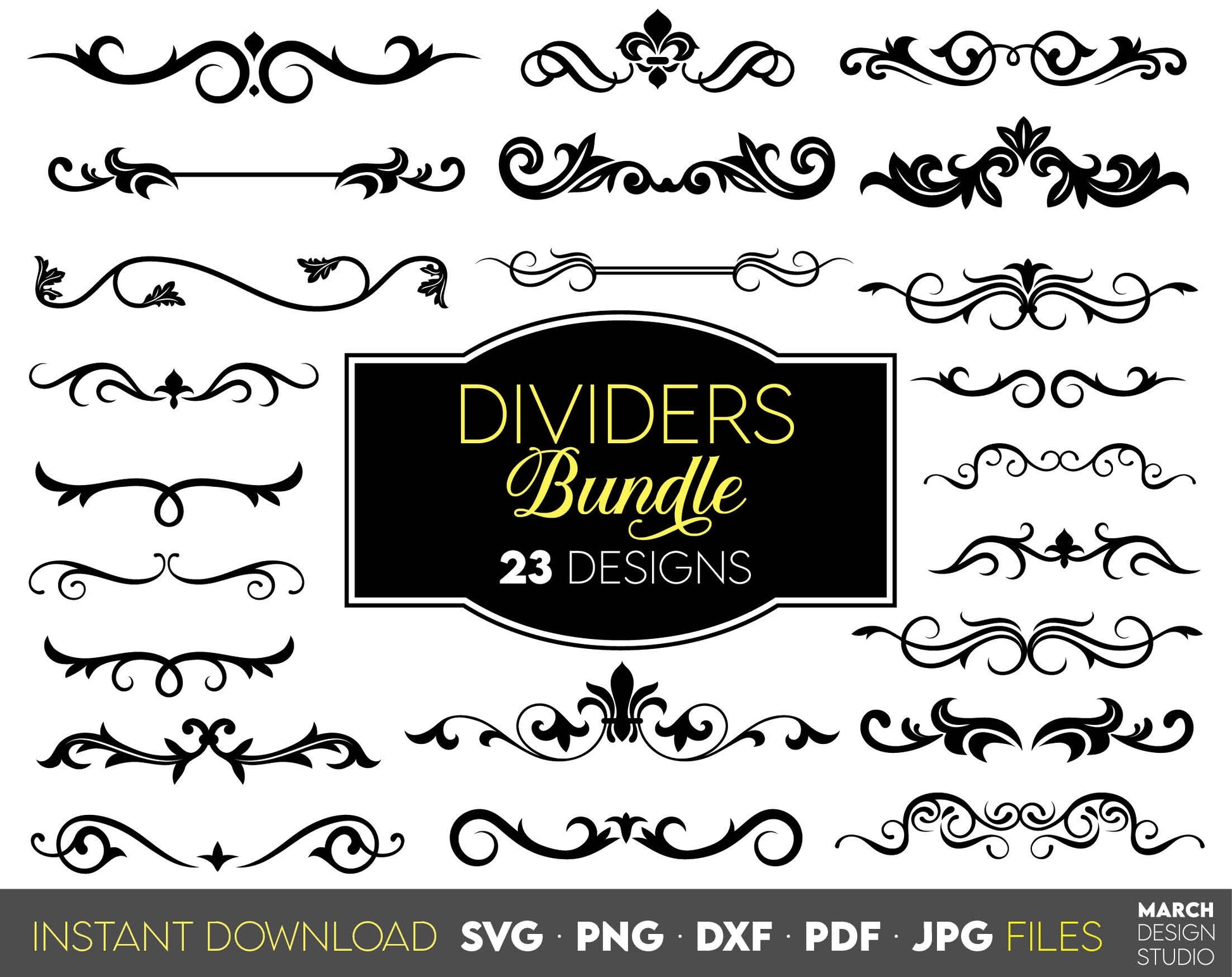 Decorative dividers lines bundle for your wedding, cards, home decorations etc. projects. SVG, PNG, DXF, PDF, JPG files included. Cut from vinyl, use for sublimation or laser cut projects. Compatible with Cricut, Silhouette and other machines. Enjoy!