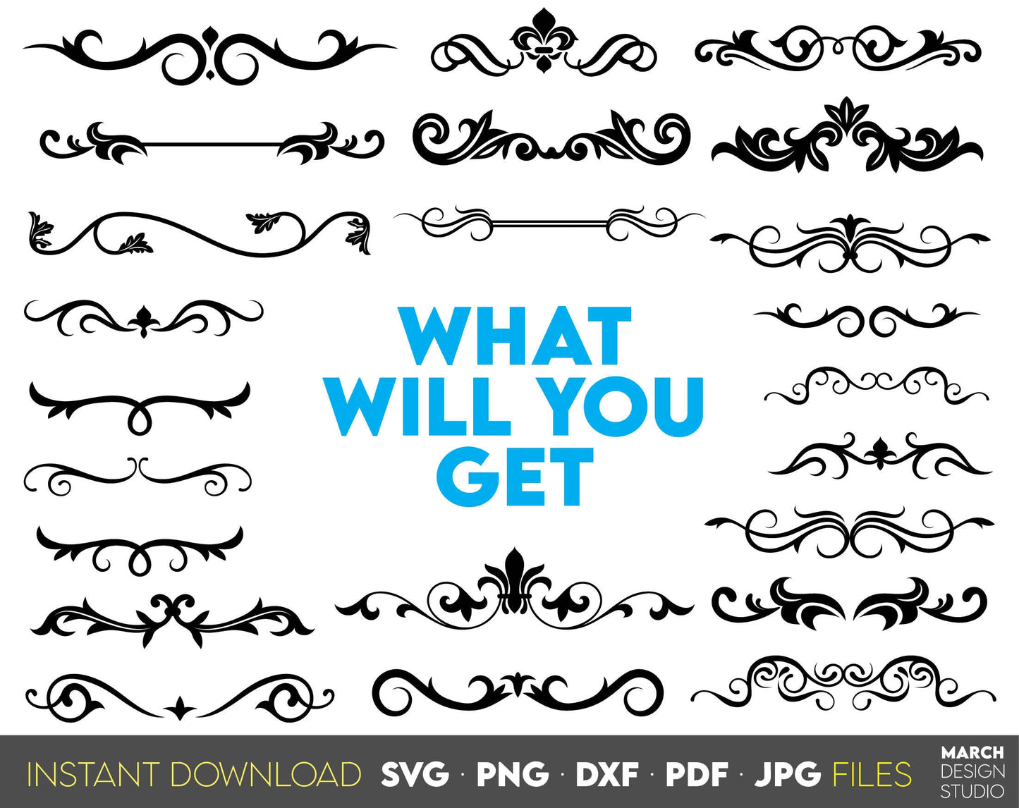 Decorative dividers lines bundle for your wedding, cards, home decorations etc. projects. SVG, PNG, DXF, PDF, JPG files included. Cut from vinyl, use for sublimation or laser cut projects. Compatible with Cricut, Silhouette and other machines. Enjoy!