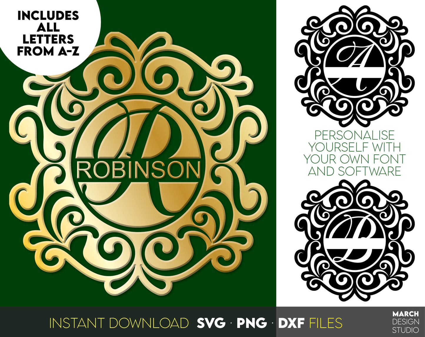 Family Name Monogram designs for Your gift projects or home decoration. 
Files allow you to use designs for engraving on glass, making shirts, tumblers with Cricut, Silhouette equipment. Monogram files also designed and easy to use for laser cutting.