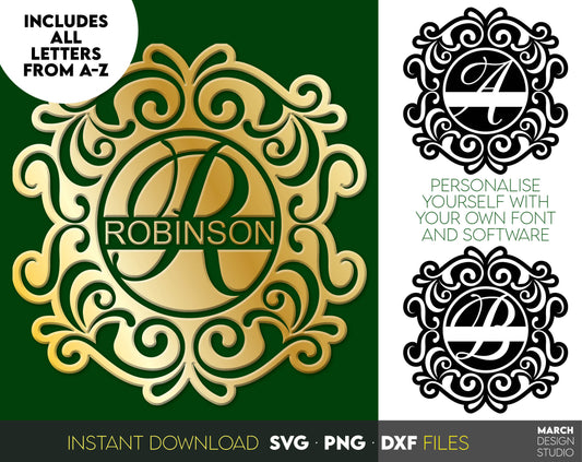 Family Name Monogram designs for Your gift projects or home decoration. 
Files allow you to use designs for engraving on glass, making shirts, tumblers with Cricut, Silhouette equipment. Monogram files also designed and easy to use for laser cutting.