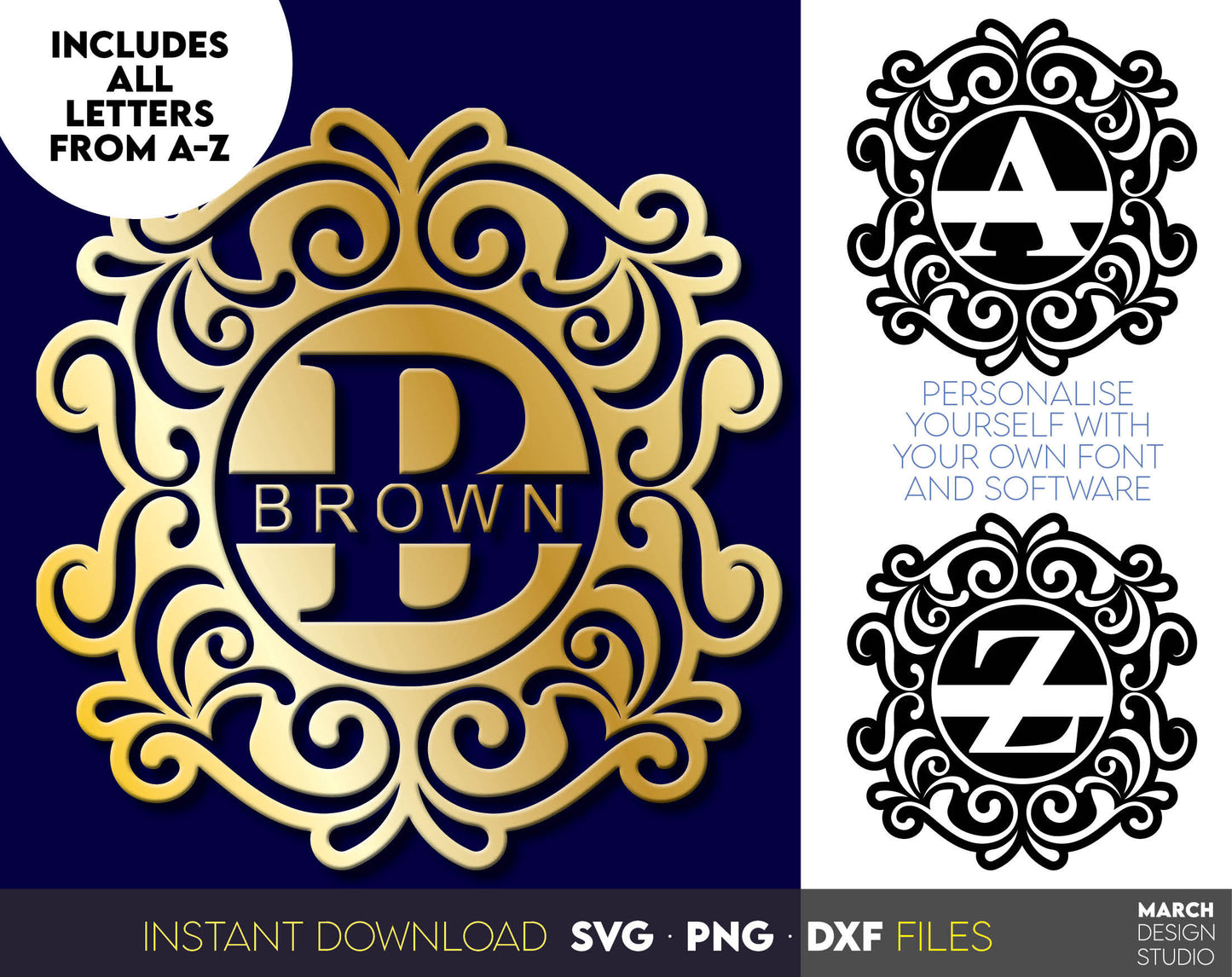 Family Name Monogram split letter designs. SVG, PNG, DXF files included. Cut from vinyl, use for sublimation ort laser cut/ grave projects. Compatible with Cricut, Silhouette or other machines. Buy now for a good price and enjoy!