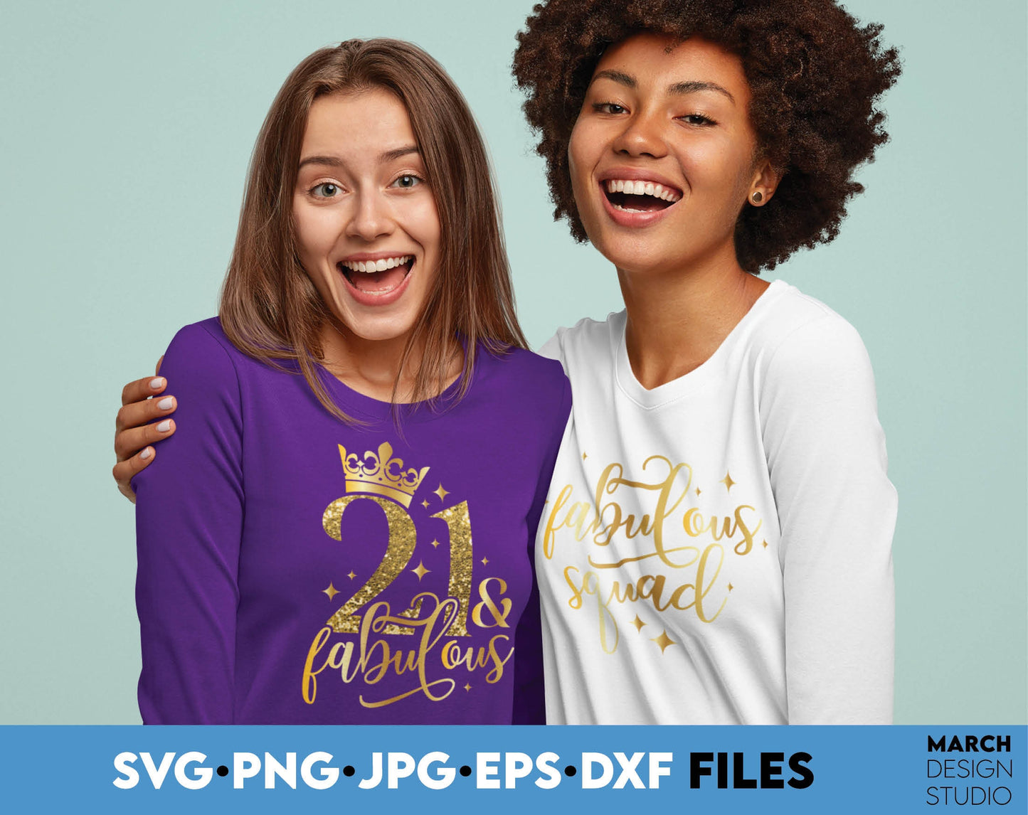 21 and fabulous Birthday shirt design with glitter and simple. SVG PNG JPG EPS DXF files included. Compatible with Cricut, Silhouette or other equipment. Cut from vinyl, use for sublimation or laser cut or grave projects. Buy now for a good price.