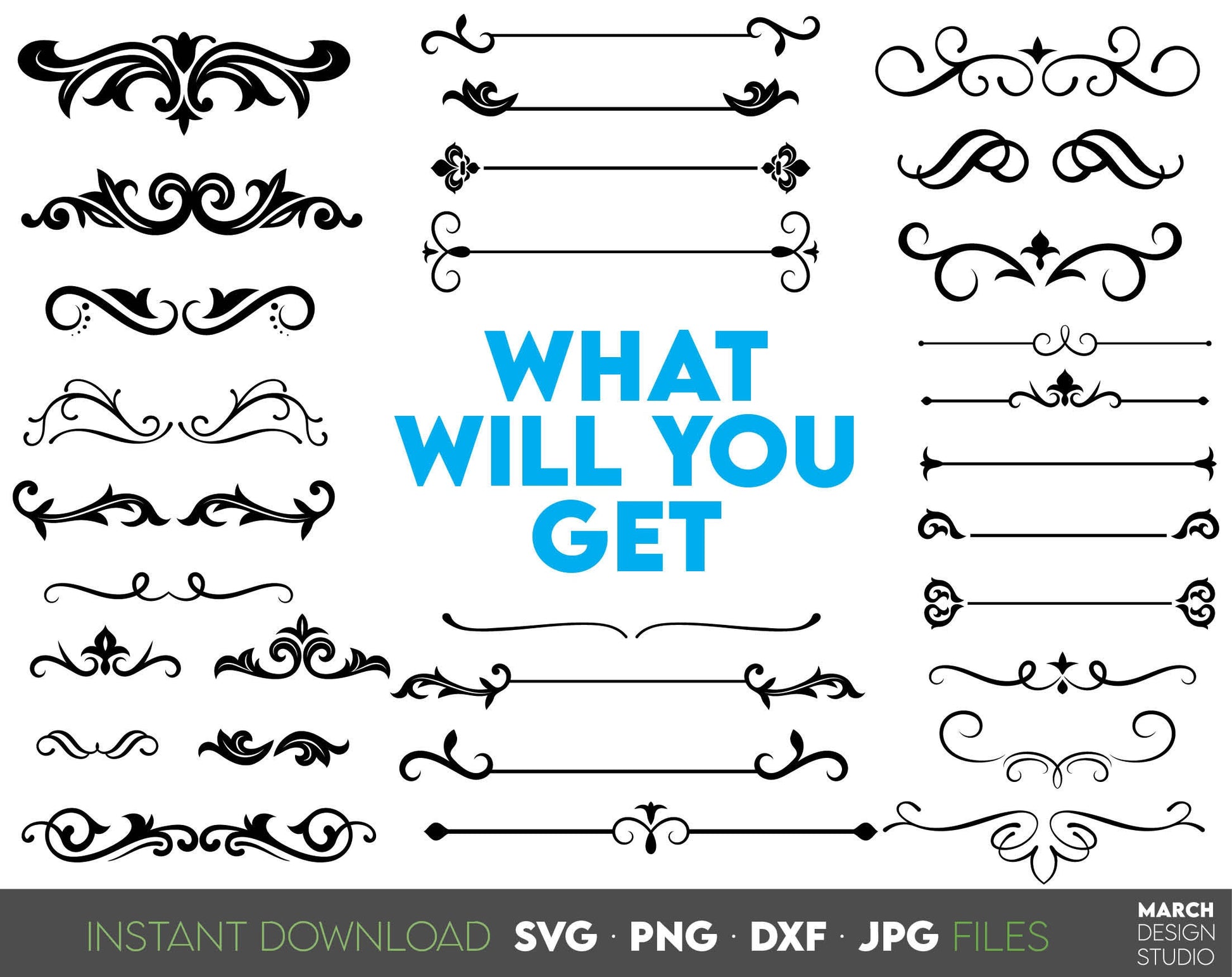 Decorative dividers lines bundle for your wedding, cards, home decorations etc. projects. SVG, PNG, DXF, PDF, JPG files included. Cut from vinyl, use for sublimation or laser cut projects. Compatible with Cricut, Silhouette and other machines. Enjoy!