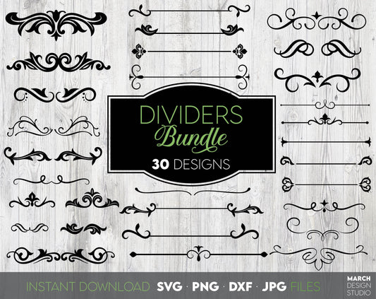 Decorative dividers lines bundle for your wedding, cards, home decorations etc. projects. SVG, PNG, DXF, PDF, JPG files included. Cut from vinyl, use for sublimation or laser cut projects. Compatible with Cricut, Silhouette and other machines. Enjoy!