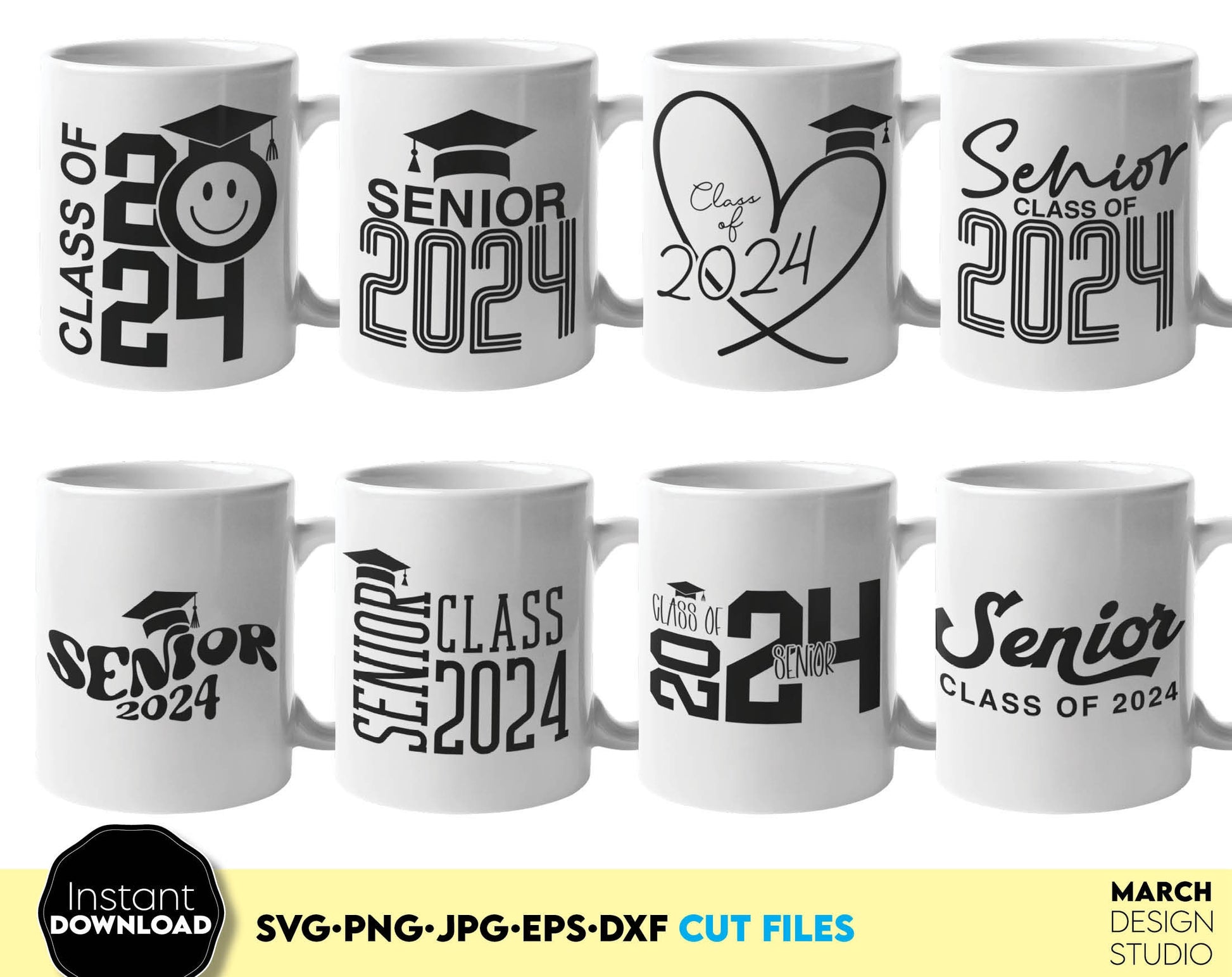 Senior class 2024 bundle. Great gift for graduation time. SVG, DXF, EPS, JPG, PNG files included. Cut from vinyl, use for sublimation, printing or laser cut projects. Compatible with Cricut, Silhouette or other equipment. Buy now for a good price.