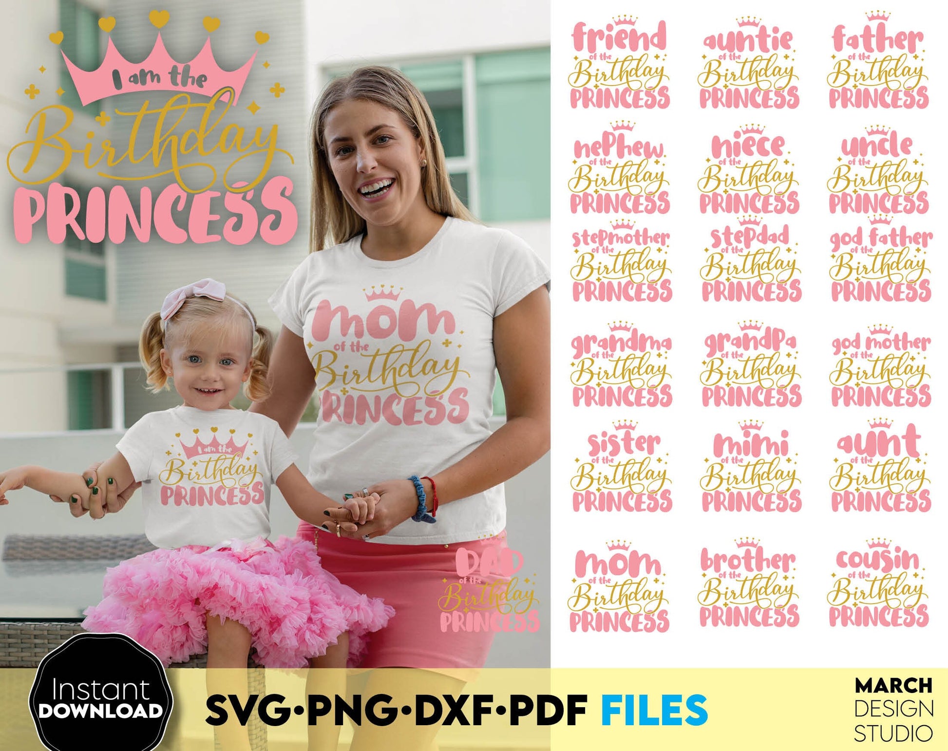 Birthday princess shirt and her birthday family shirts bundle for friends, auntie, mother, sister e.t.c. Funny birthday girl shirts. Compatible with Cricut and Silhouette. Usable for cutting from vinyl, sublimation or laser cut projects. Buy now!