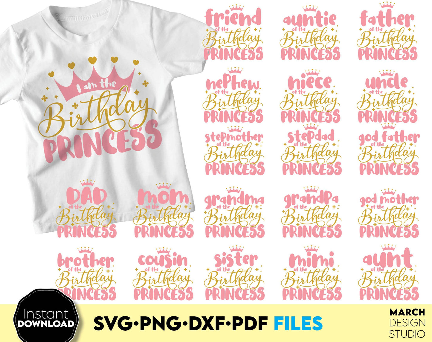 Birthday princess shirt and her birthday family shirts bundle for friends, auntie, mother, sister e.t.c. Funny birthday girl shirts. Compatible with Cricut and Silhouette. Usable for cutting from vinyl, sublimation or laser cut projects. Buy now!