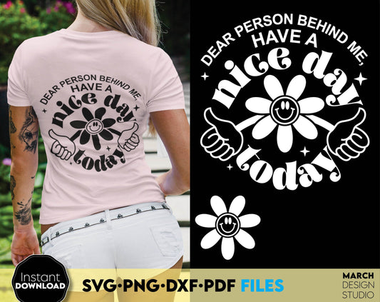 Dear person behind me design for a shirt or other gift of your choice for your loved ones. SVG, PNG, EPS, DXF file formats allow this design to be used for a variety of your projects. Compatible with Cricut, Silhouette, Glowforge machines.