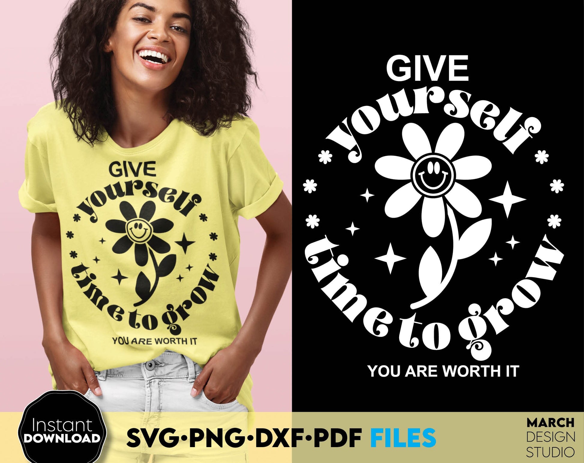 Give Yourself time to grow design for a shirt or other gift of your choice for your loved ones. SVG, PNG, EPS, DXF file formats allow this design to be used for a variety of your projects. Compatible with Cricut, Silhouette, Glowforge machines.