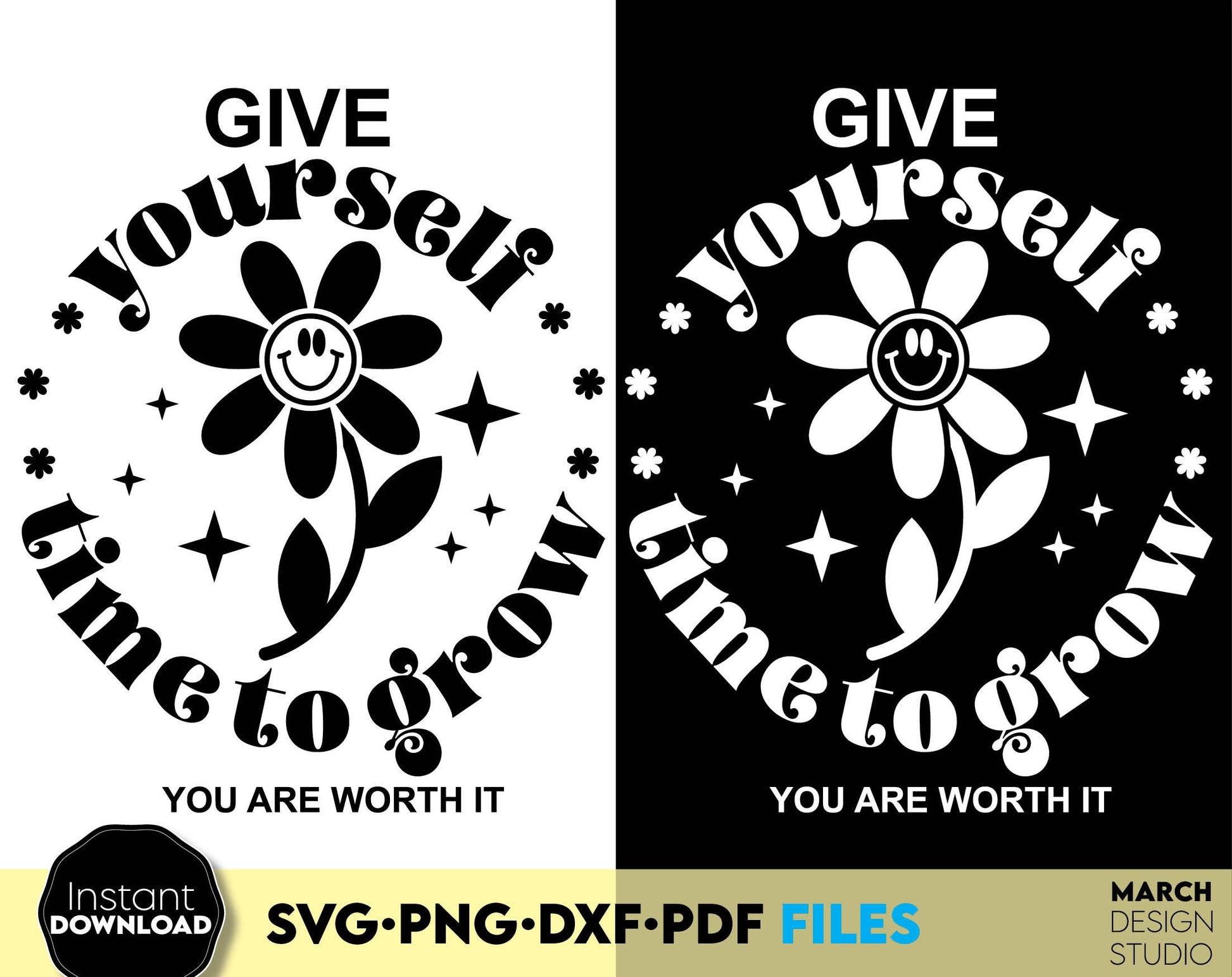 Give Yourself time to grow design for a shirt or other gift of your choice for your loved ones. SVG, PNG, EPS, DXF file formats allow this design to be used for a variety of your projects. Compatible with Cricut, Silhouette, Glowforge machines.