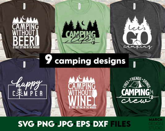 Camping shirts designs for your family or friends trip. SVG, PNG, JPG, EPS, DXF files included. Compatible with Cricut, Silhouette or other machines. Cut from vinyl, use for sublimation or laser cut projects. Buy now for a good price and enjoy!