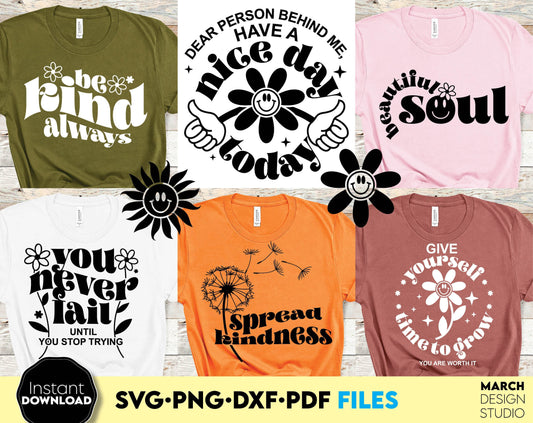 Positive quotes bundle designs for a shirt or other gift of your choice for your loved ones. SVG, PNG, PDF, DXF file formats allow this design to be used for a variety of your projects. Compatible with Cricut, Silhouette, Glowforge machines.