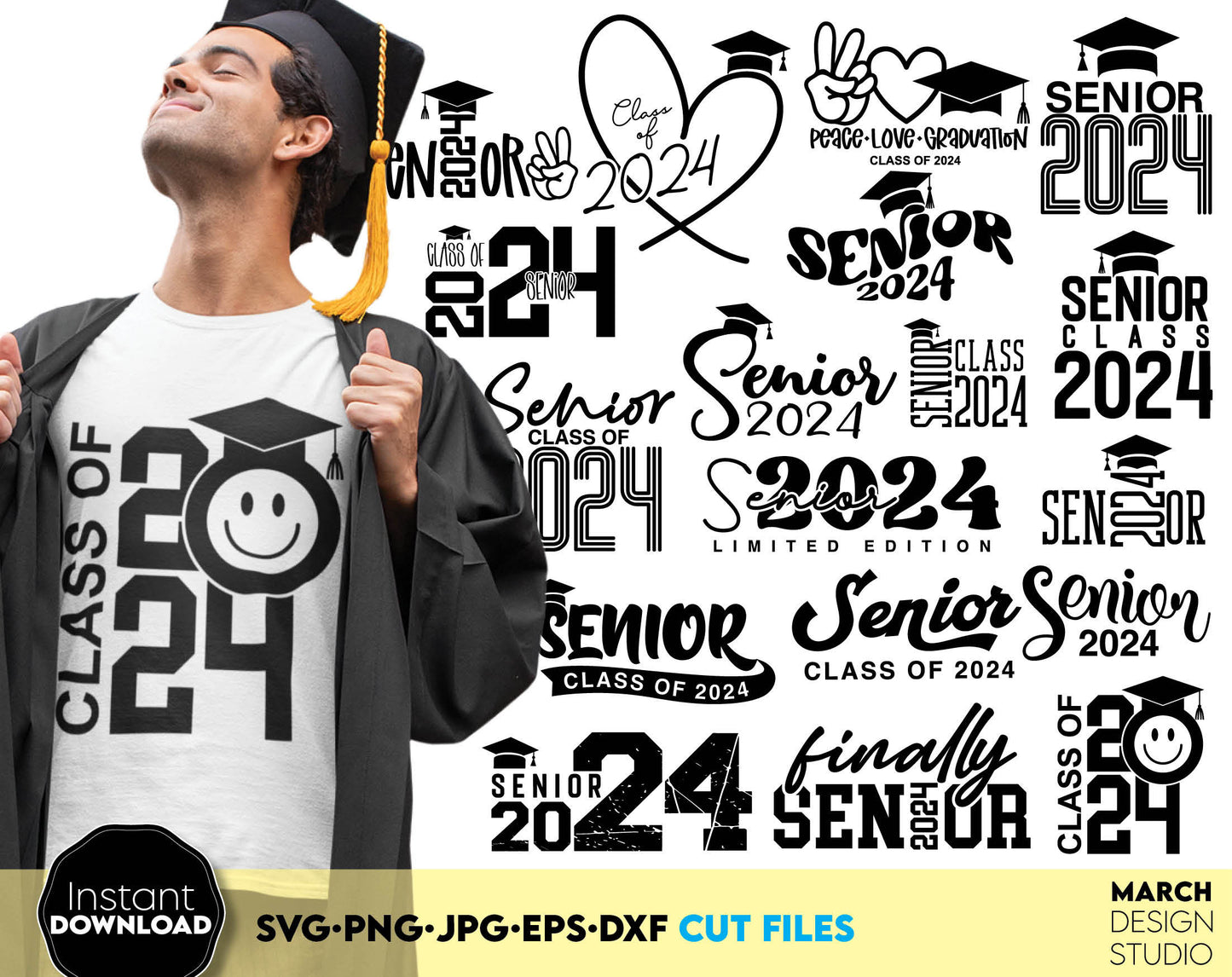 Senior class 2024 bundle. Great gift for graduation time. SVG, DXF, EPS, JPG, PNG files included. Cut from vinyl, use for sublimation, printing or laser cut projects. Compatible with Cricut, Silhouette or other equipment. Buy now for a good price.