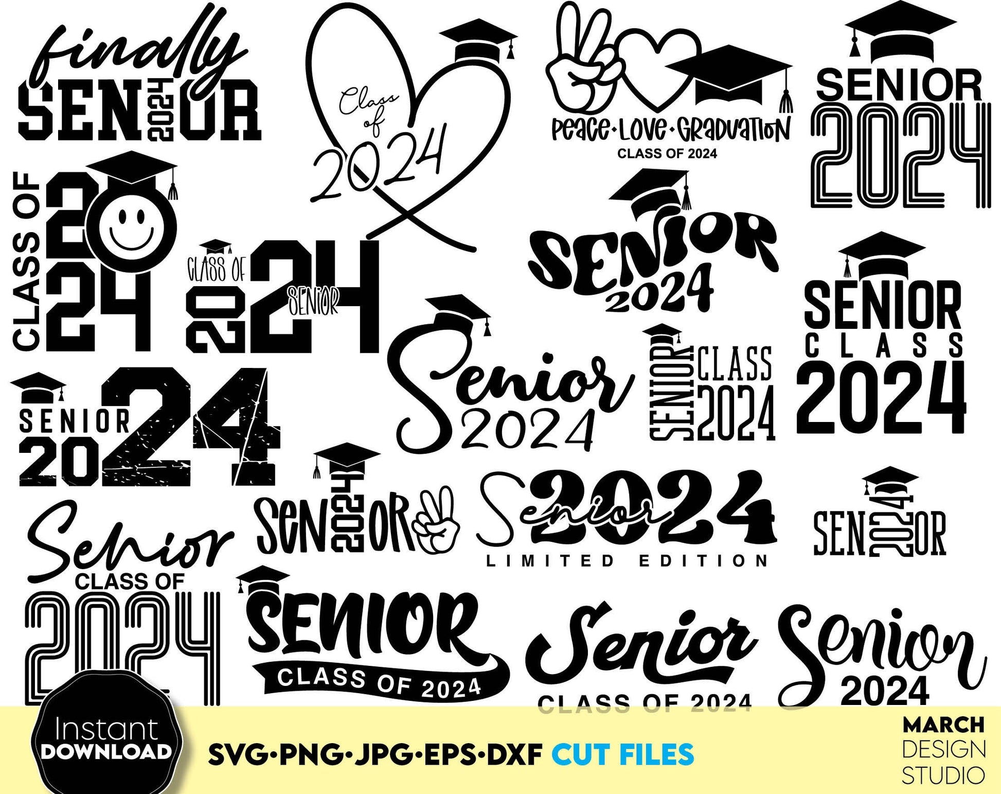 Senior class 2024 bundle. Great gift for graduation time. SVG, DXF, EPS, JPG, PNG files included. Cut from vinyl, use for sublimation, printing or laser cut projects. Compatible with Cricut, Silhouette or other equipment. Buy now for a good price.