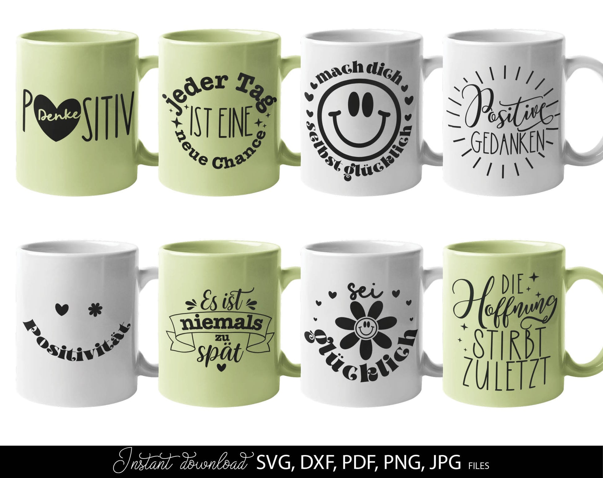 German Positive sayings Quotes Plotter File SVG, PNG DXF and PDF files included. Compatible with Cricut, Silhouette, Glowforge or other machines. Use for sublimation or laser cut projects as well. Buy now and enjoy! Discount prices available.