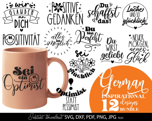 German Positive Quotes Plotter File SVG, PNG DXF JPG and PDF files included. Compatible with Cricut, Silhouette, Glowforge or other machines. Use for sublimation or laser cut projects as well. Buy now and enjoy! Discount prices available.