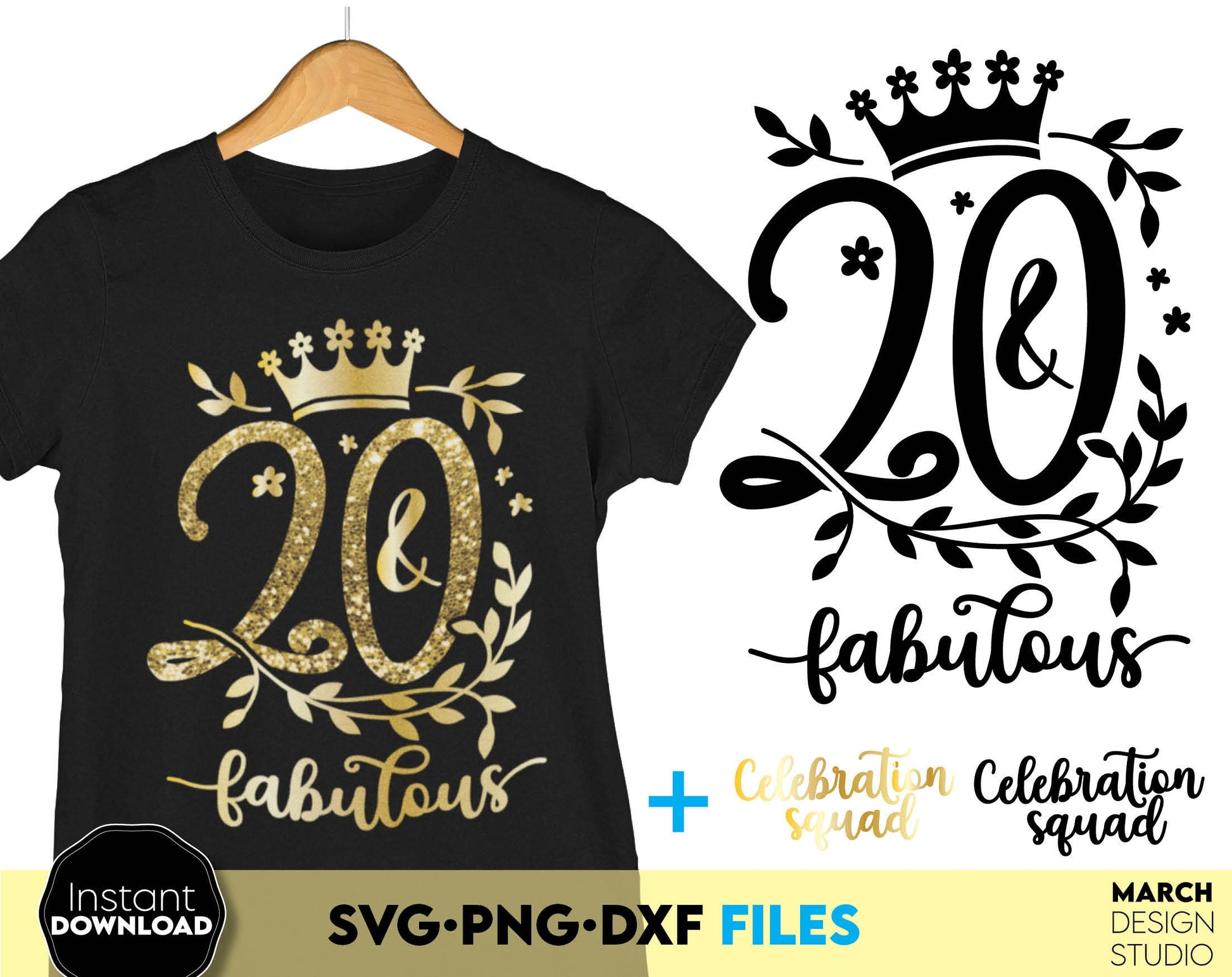 20 and fabulous Birthday shirt design for cutting from vinyl and glittered PNG included for Your sublimation projects. SVG, PNG, EPS, DXF files included. Compatible with Cricut, Silhouette and other machines. Buy now for a good price and enjoy!