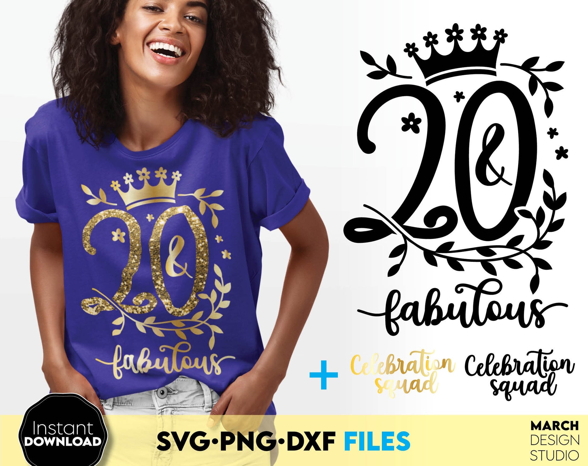 20 and fabulous Birthday shirt design for cutting from vinyl and glittered PNG included for Your sublimation projects. SVG, PNG, EPS, DXF files included. Compatible with Cricut, Silhouette and other machines. Buy now for a good price and enjoy!