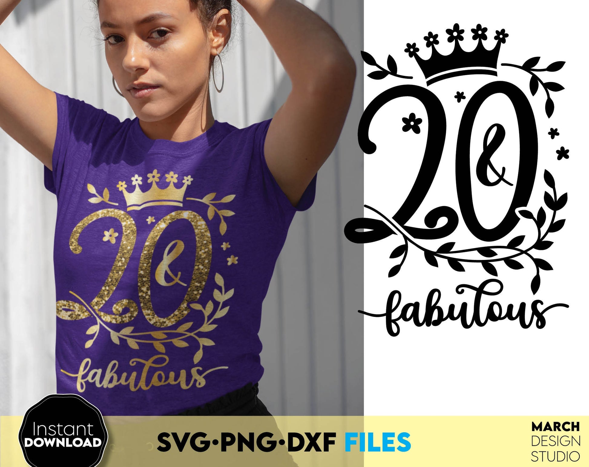 20 and fabulous Birthday shirt design for cutting from vinyl and glittered PNG included for Your sublimation projects. SVG, PNG, EPS, DXF files included. Compatible with Cricut, Silhouette and other machines. Buy now for a good price and enjoy!