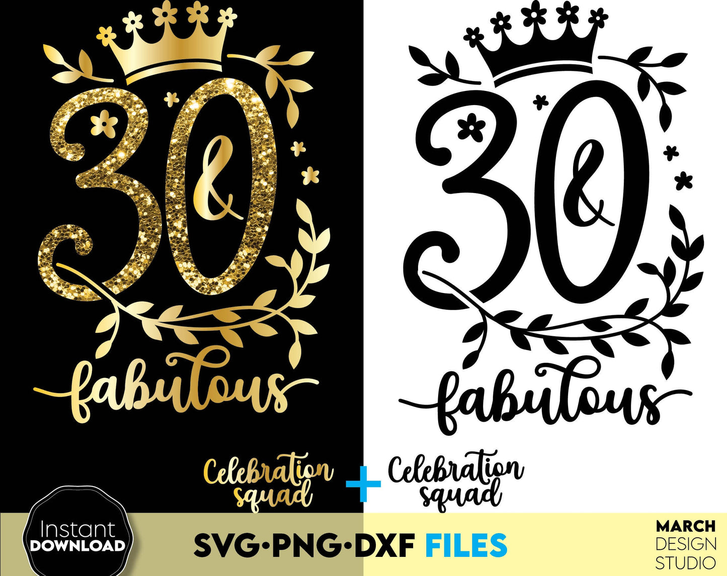 30 and fabulous Birthday shirt design for cutting from vinyl and glittered PNG included for Your sublimation projects. SVG, PNG, DXF files included. Compatible with Cricut, Silhouette and other machines. Buy now for a good price and enjoy!