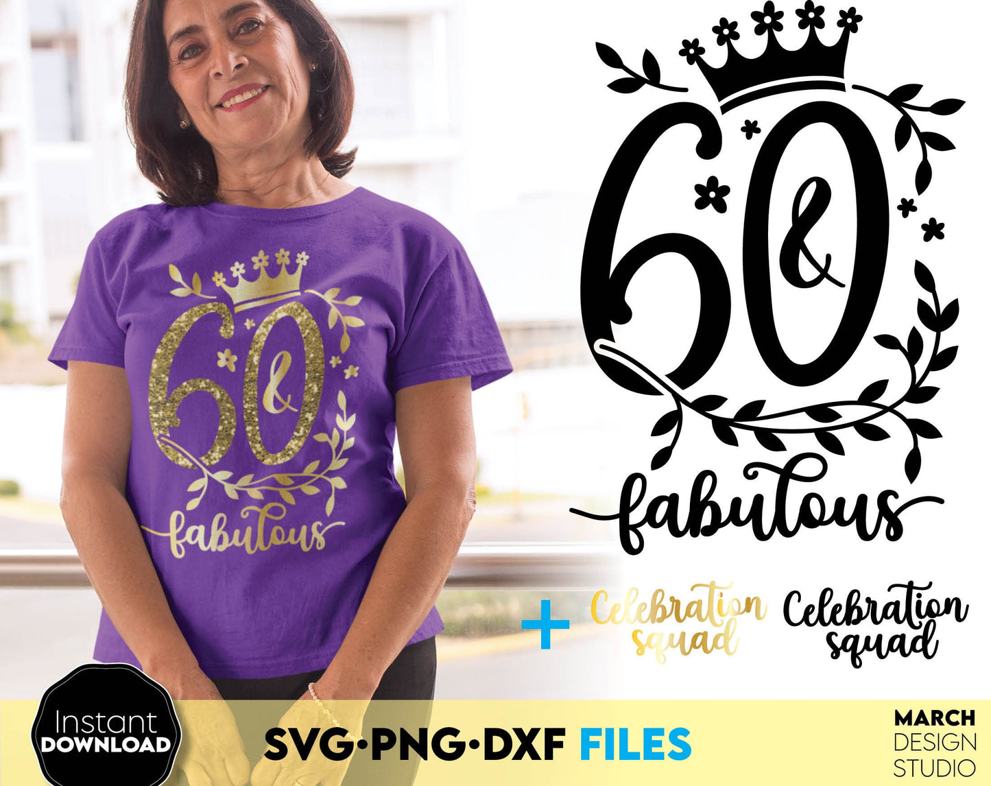 60 and fabulous Birthday shirt design for cutting from vinyl and glittered PNG included for Your sublimation projects. SVG, PNG, EPS, DXF files included. Compatible with Cricut, Silhouette and other machines. Buy now for a good price and enjoy!