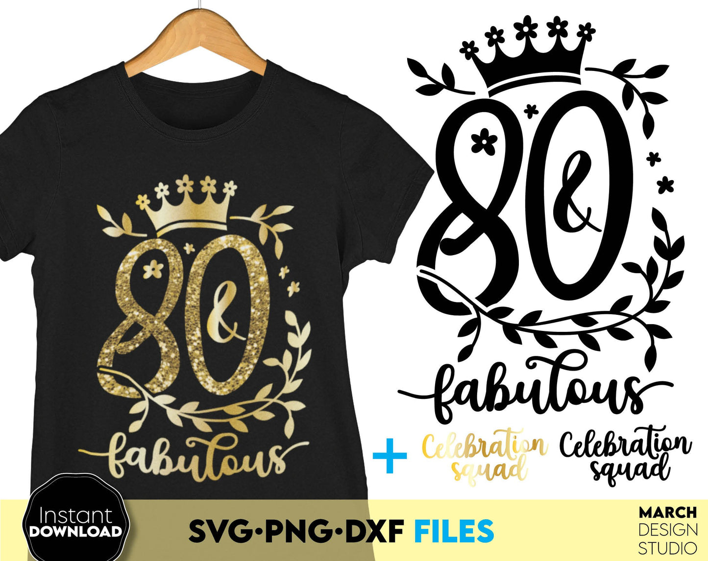 80 and fabulous Birthday shirt design for cutting from vinyl and glittered PNG included for Your sublimation projects. SVG, PNG, EPS, DXF files included. Compatible with Cricut, Silhouette and other machines. Buy now for a good price and enjoy!