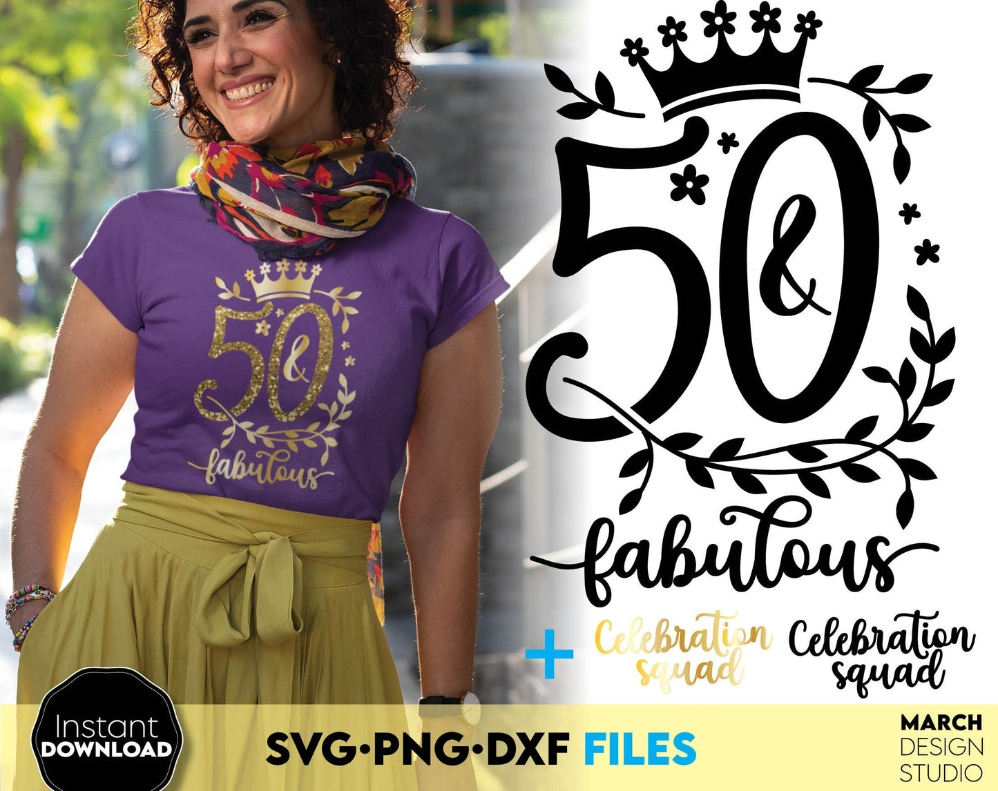 Birthday bundle - and fabulous for 50th and other anniversary birthdays. Svg files allow use design for cutting from vinyl. Gold glittered png for amazing sublimation projects. Use dxf for laser cut as well. Buy now for a good price and enjoy!