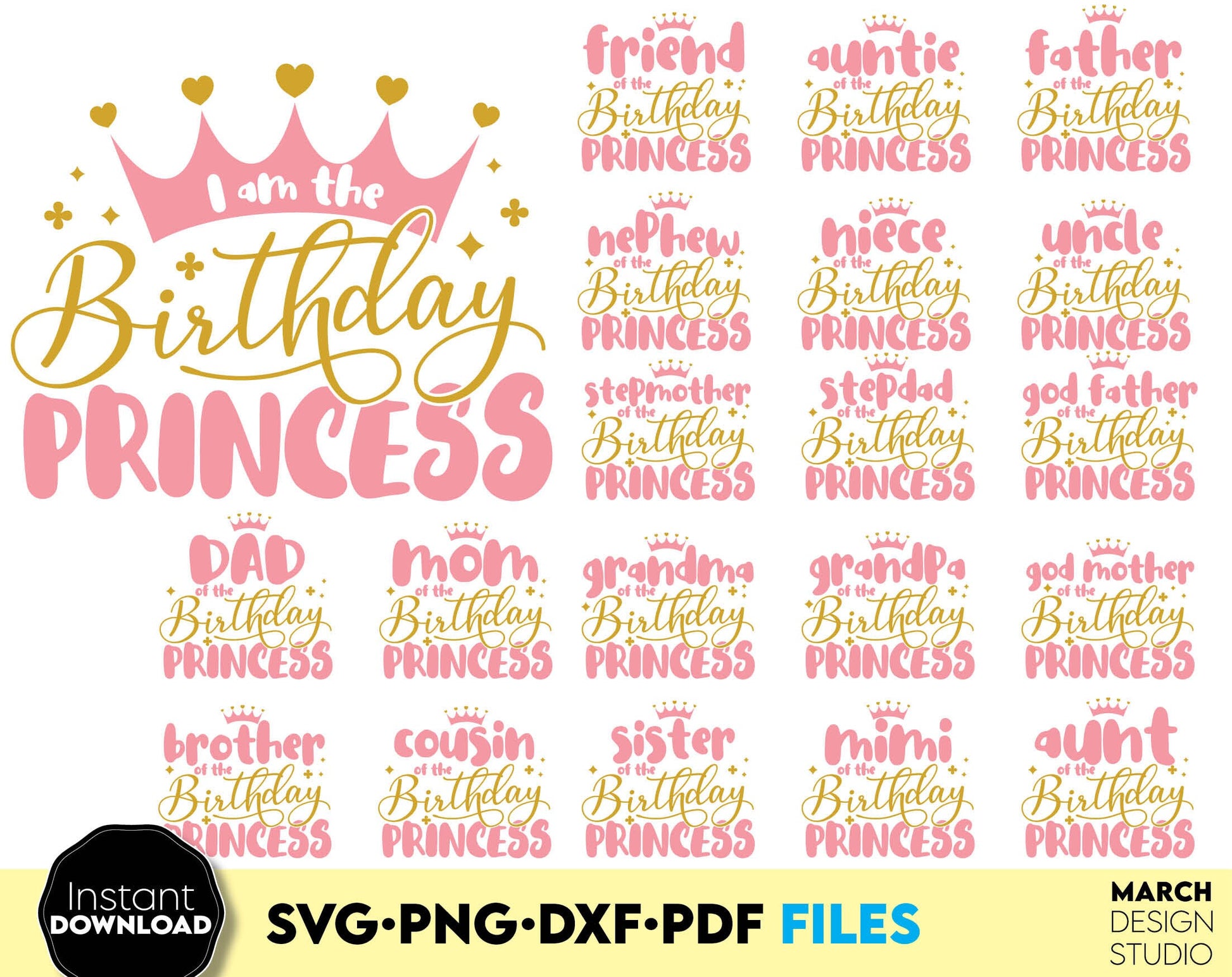 Birthday princess shirt and her birthday family shirts bundle for friends, auntie, mother, sister e.t.c. Funny birthday girl shirts. Compatible with Cricut and Silhouette. Usable for cutting from vinyl, sublimation or laser cut projects. Buy now!