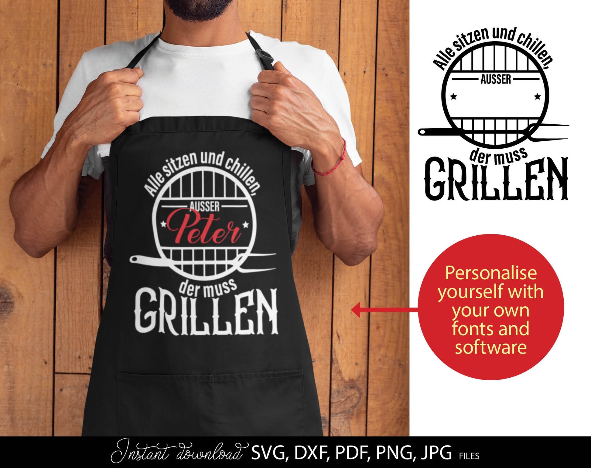 German plotter file for German Grill Papa. SVG DXF PDF PNG JPG files included. Cut from vinyl, use for sublimation or laser cut projects. Great gift for papa. Compatible with Cricut, Silhouette or other machines. Buy now for a good price and enjoy!