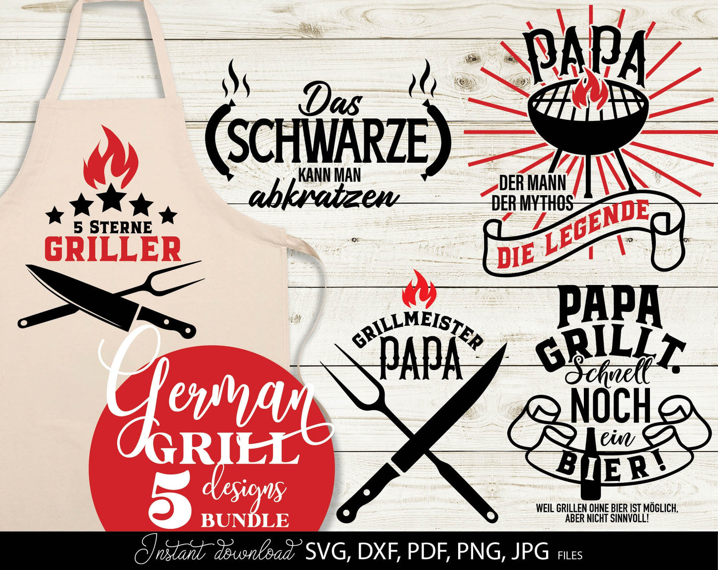 German plotter file for German Grill Papa. SVG DXF PDF PNG JPG files included. Cut from vinyl, use for sublimation or laser cut projects. Great gift for papa. Compatible with Cricut, Silhouette or other machines. Buy now for a good price and enjoy!