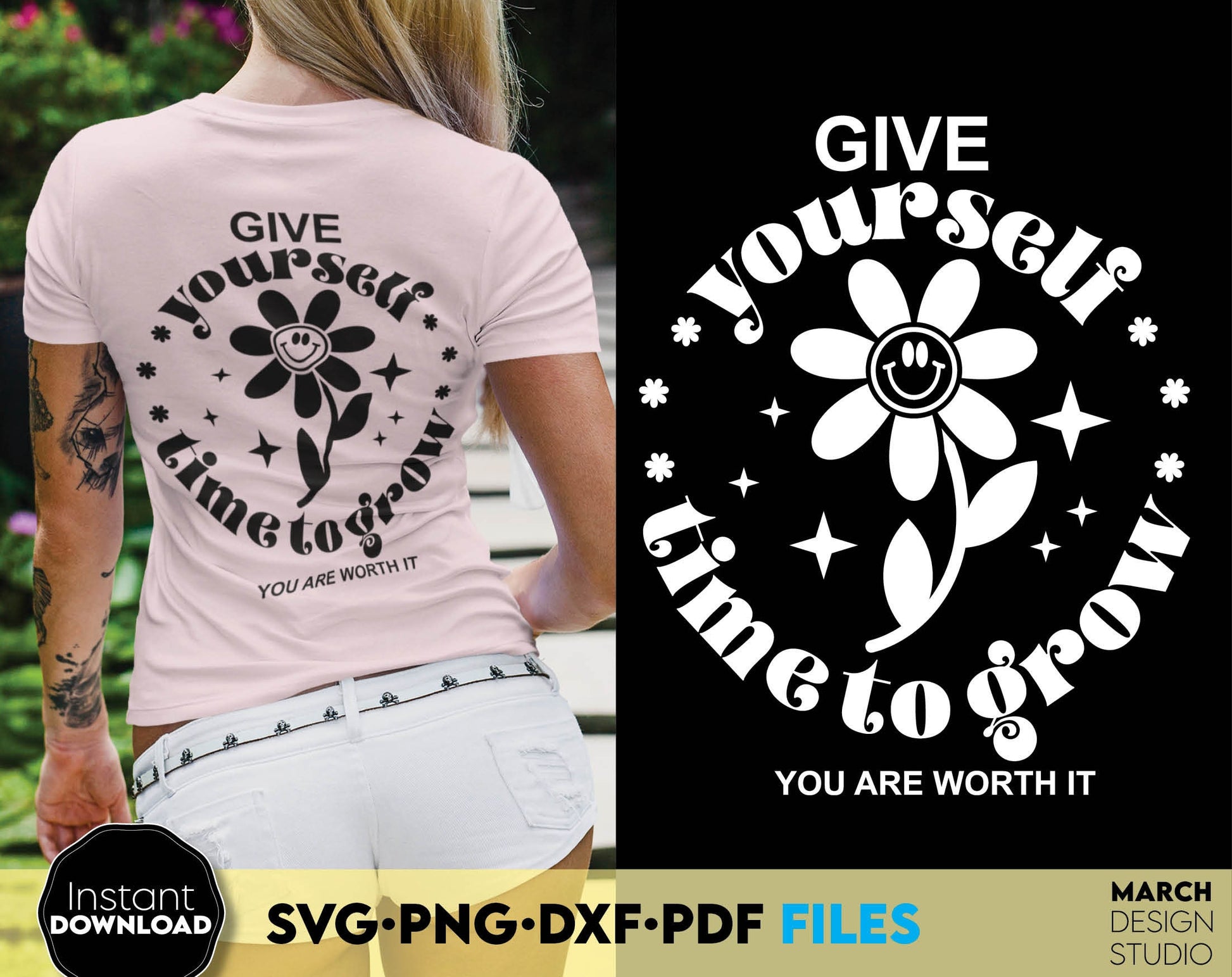 Give Yourself time to grow design for a shirt or other gift of your choice for your loved ones. SVG, PNG, EPS, DXF file formats allow this design to be used for a variety of your projects. Compatible with Cricut, Silhouette, Glowforge machines.