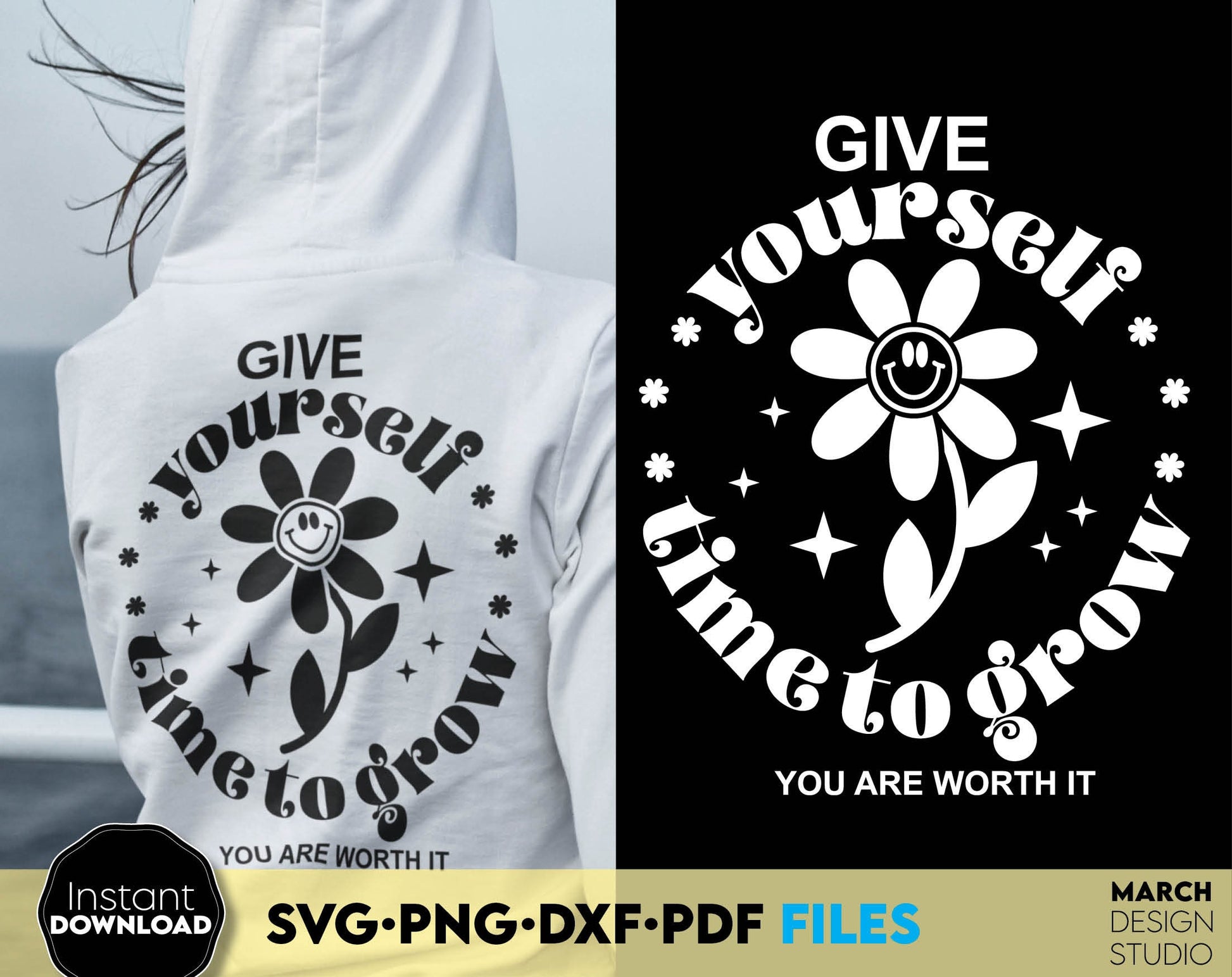 Give Yourself time to grow design for a shirt or other gift of your choice for your loved ones. SVG, PNG, EPS, DXF file formats allow this design to be used for a variety of your projects. Compatible with Cricut, Silhouette, Glowforge machines.