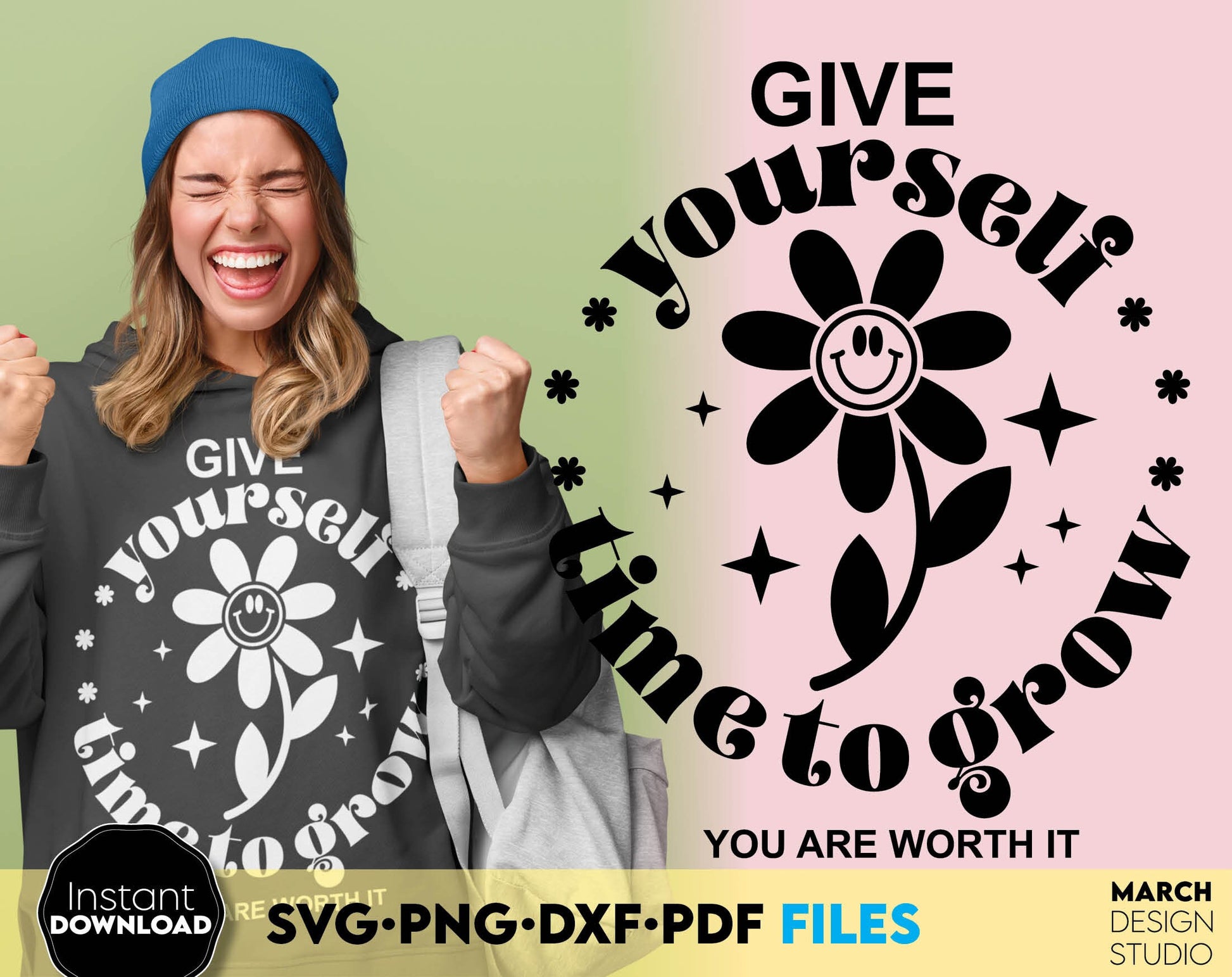 Give Yourself time to grow design for a shirt or other gift of your choice for your loved ones. SVG, PNG, EPS, DXF file formats allow this design to be used for a variety of your projects. Compatible with Cricut, Silhouette, Glowforge machines.