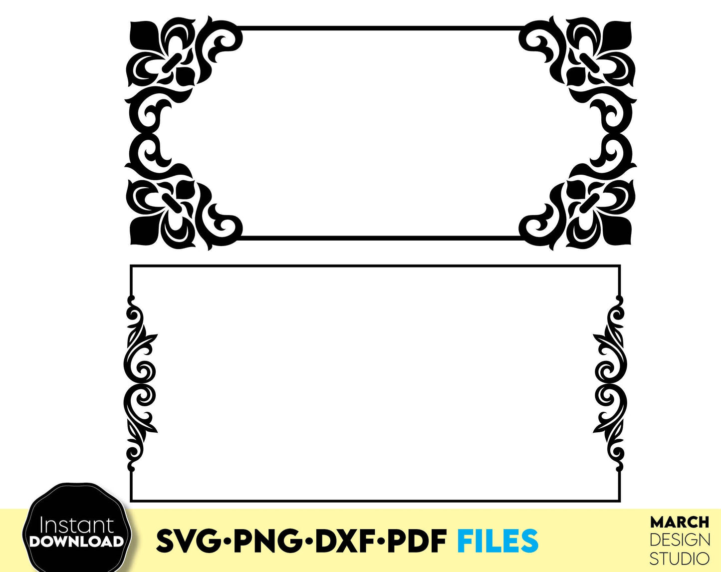 Decorative frame templates bundle for Your home improving projects. SVG PNG DXF PDF files included. Compatible with Cricut, Silhouette or other machines. Cut from vinyl, use for sublimation or laser cut or grave projects as well. Buy now and enjoy!