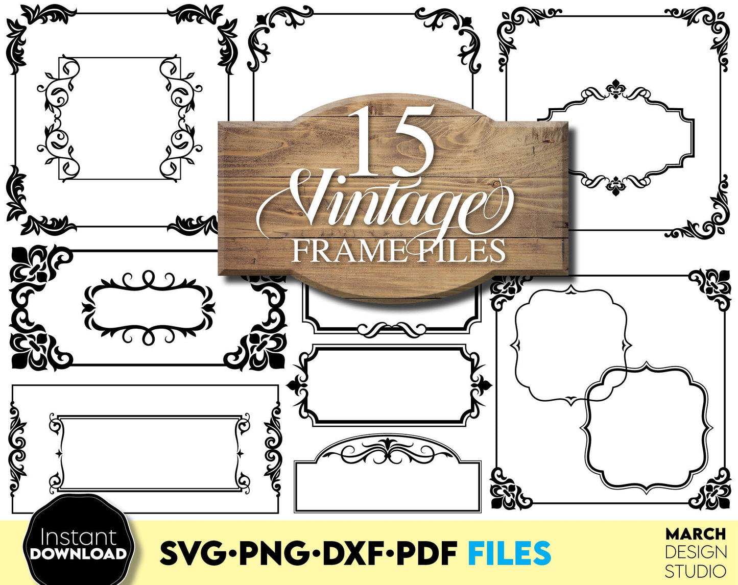 Decorative frame templates bundle for Your home improving projects. SVG PNG DXF PDF files included. Compatible with Cricut, Silhouette or other machines. Cut from vinyl, use for sublimation or laser cut or grave projects as well. Buy now and enjoy!